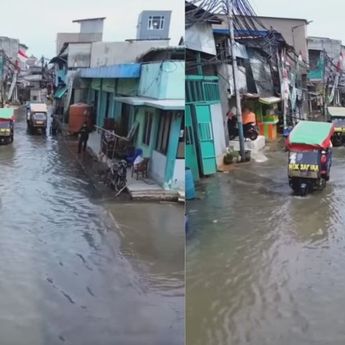 Potret Banjir Rob Melanda Muara Angke, Warga Tetap Beraktivitas di Tengah Genangan