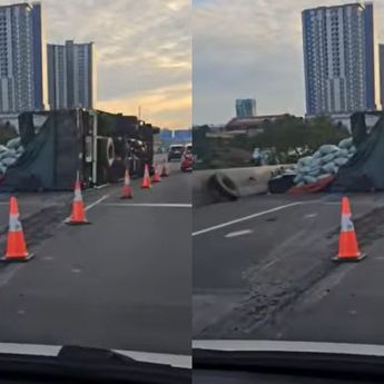 Truk Terguling di KM 19 Tol Tangerang Arah Tomang