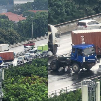 Truk Trailer Melintang di Tol Wiyoto Wiyono Bikin Macet Parah