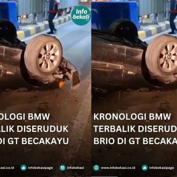 BMW Sampai Terbalik Usai Dihantam Brio Saat Masuk Tol Becakayu