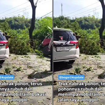 Truk Tabrak Pohon, Tumbang Timpa Mobil Putih Sampai Ringsek di Jonggol Siang Ini