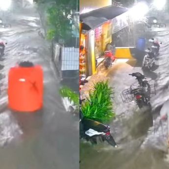 Viral! Aksi Pria Kejar Toren Air Hanyut Saat Banjir Bikin Netizen Ngakak