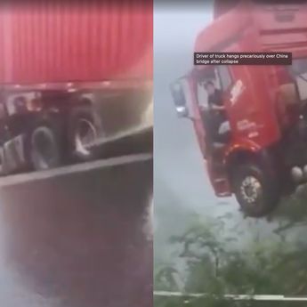 Sopir Truk Nyaris Jatuh dari Jembatan yang Ambruk Akibat Longsor di China