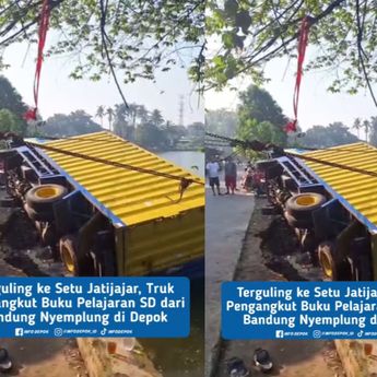 VIDEO: Jalan Amblas, Truk Pengangkut Buku SD Terguling di Setu Jatijajar Depok