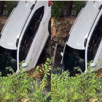 VIDEO: Mobil Nyusruk ke Selokan Depan Sekolah BPK Penabur Kelapa Gading Siang Ini