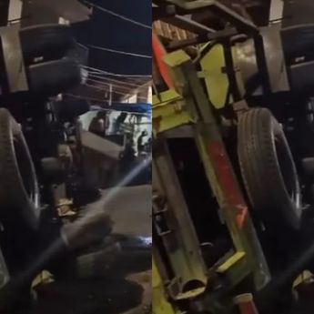 Tak Kuat Nanjak, Mobil Trailer Angkut Excavator Terguling di Bandung