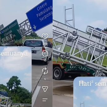 Truk Tersangkut Palang Penunjuk Jalan di Tol Kukusan Arah Jakarta, Lalu Lintas Macet