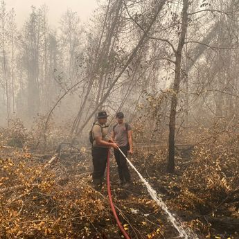 Satgas Karhutla Satbrimob Polda Kalteng Terus Lakukan Pembasahan di Tanjung Taruna
