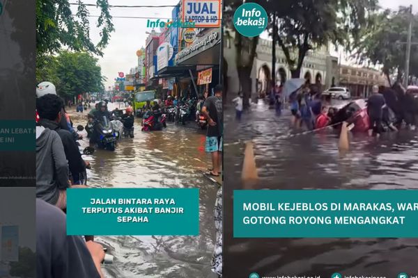 Banjir setinggi paha orang dewasa merendam Jalan Bintara Raya, Kecamatan Bekasi Barat, Kamis (22/01/26). Kendaraan yang menerobos banyak yang mogok.