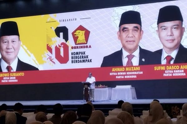 Ketua Dewan Kehormatan Partai Gerindra Ahmad Muzani berpidato dalam acara HUT Ke-18 Partai Gerindra di kompleks parlemen, Jakarta, Jumat, 6 Februari 2026. ANTARA/Bagus Ahmad Rizaldi