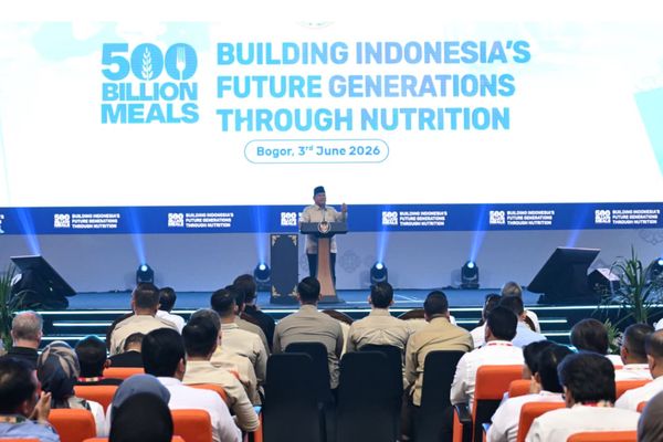 Prabowo Subianto pada acara Building Indonesia&rsquo;s Future Generations Through Nutrition di Sentul International Convention Center (SICC), Kabupaten Bogor, Jawa Barat