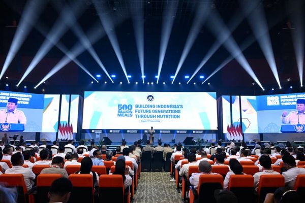 Prabowo Subianto pada acara Building Indonesia&rsquo;s Future Generations Through Nutrition di Sentul International Convention Center (SICC), Kabupaten Bogor, Jawa Barat