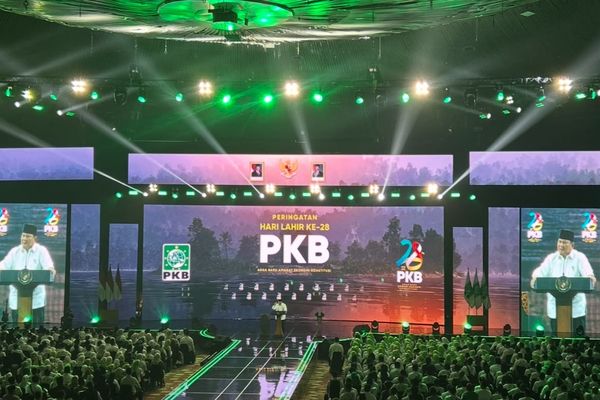 Prabowo Subianto mengaku bahagia dan terharu dapat menghadiri Hari Lahir (Harlah) ke-28 PKB di JCC, Jakarta Kamis, 23 Juli 2026 malam