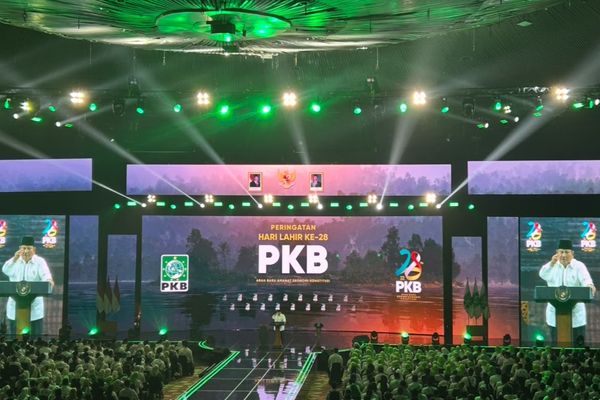 Prabowo Subianto mengaku bahagia dan terharu dapat menghadiri Hari Lahir (Harlah) ke-28 PKB di JCC, Jakarta Kamis, 23 Juli 2026 malam