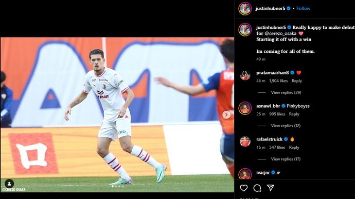 Justin Hubner membagikan momen debutnya bersama Cerezo Osaka.  <b>(Instagram)</b>