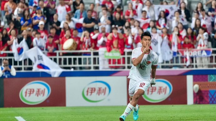 Pratama Arhan, pemain timnas Indonesia U-23 melakukan selebrasi usai menjebol gawang Korea Selatan di perempat final Piala Asia U-23 2024. 