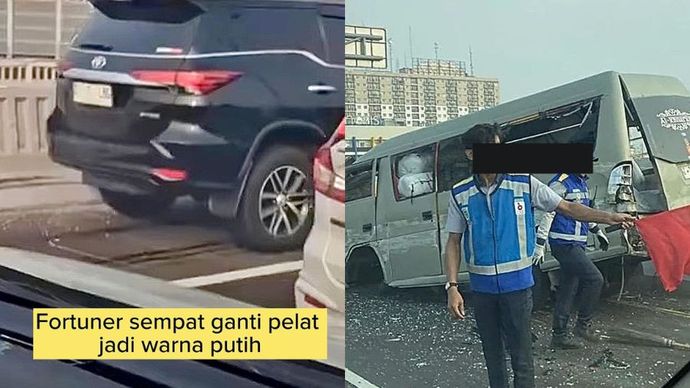 Sebuah mobil Fortuner menabrak mobil Elf di Tol MBZ