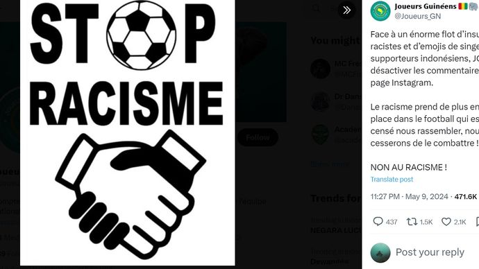 Aksi memalukan sejumlah netizen Indonesia yang menyerang akun para pemain Guinea dan federasnya deng <b>(Twitter @Joueurs_GN)</b>