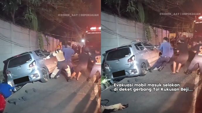 Sebuah mobil terjeblos di selokan