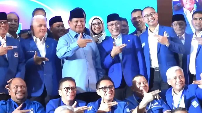 Presiden terpilih Prabowo Subianto di acara Bimtek dan Rakornas PAN. (Antara) 