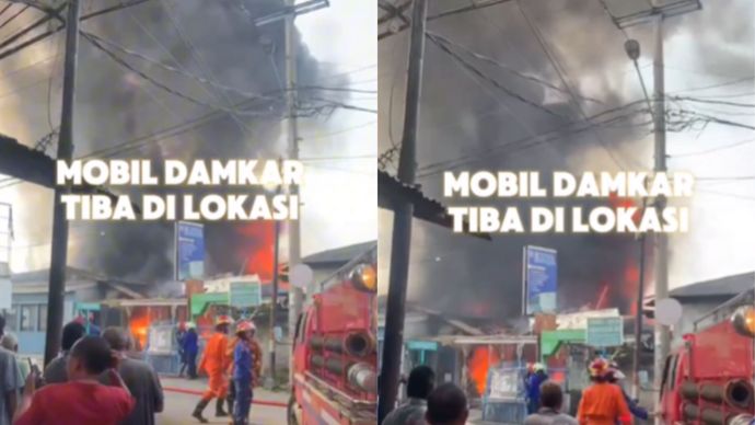 Kebakaran sebuah toko material di Kelurahan Baktijaya, Kecamatan Sukmajaya, Depok, pada siang ini, 15 Mei 2024.