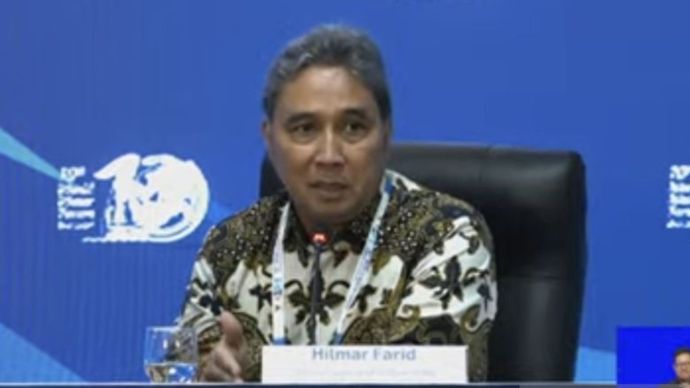 Direktur Jenderal Kebudayaan Kementerian Pendidikan, Kebudayaan, Riset dan Teknologi (Kemendikbudristek) Hilman Farid saat menyampaikan keterangan dalam konferensi pers World Water Forum Ke-10 di Bali, Selasa (21/5/2024).