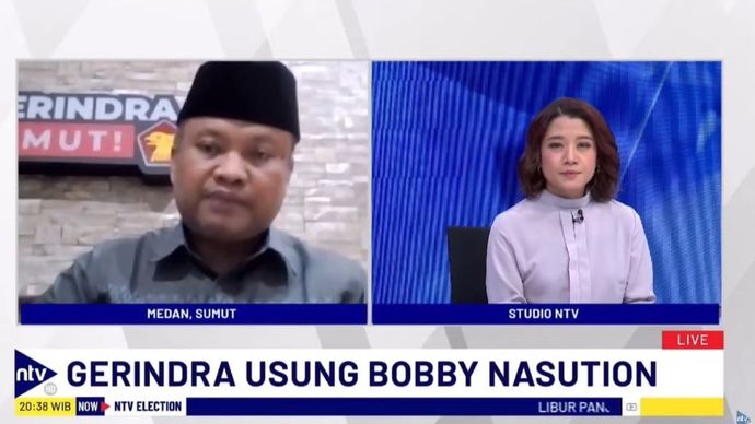 Sekretaris DPD Partai Gerindra Sumatera Utara Sugiat Santoso saat menjadi narasumber dalam program NTV Election di Nusantara TV, Jumat (24/5/2024). 