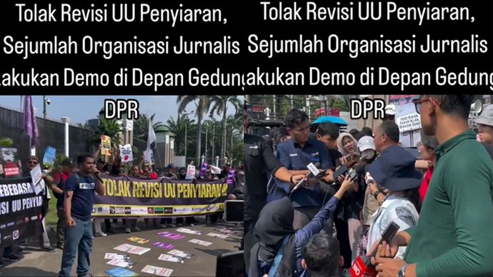 Ribuan jurnalis, organisasi pers, gabungan pers mahasiswa, dan aktivis pro-demokrasi melakukan aksi demo di depan gedung DPR.