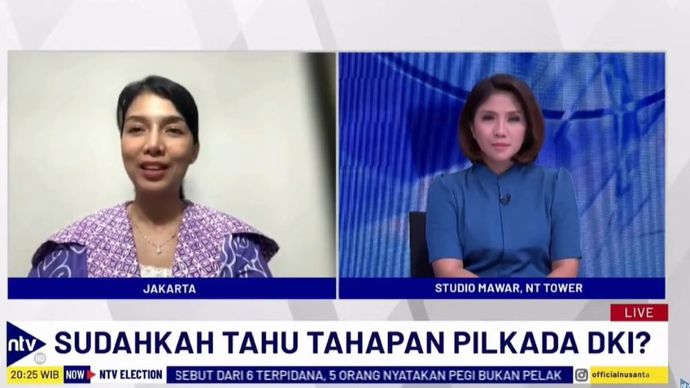 Ketua Divisi Sosialisasi KPU DKI Jakarta, Astri Megatari saat menjadi narasumber dalam program NTV Election di Nusantara TV, Rabu (29/5/2024). 