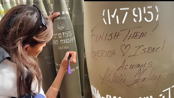 Nikki Haley menandatangani bom Israel dengan tulisan 