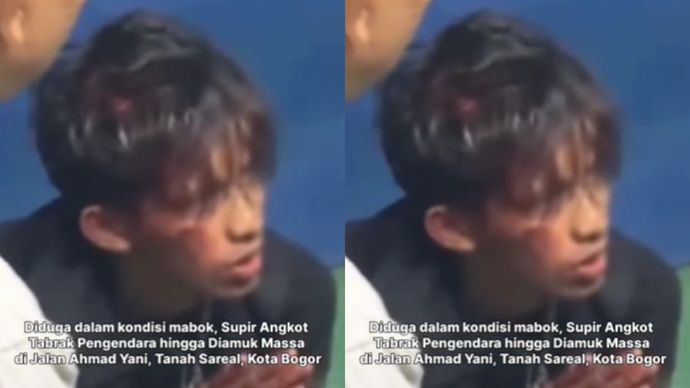 Seorang supir angkot di Bogor diduga dalam kondisi mabuk, tidak berdaya akibat dipukuli massa setelah menabrak beberapa kendaraan dan melindas seorang ibu pejalan kaki.