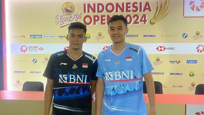 Pemain ganda putra Bagas Maulana/Muhammad Shohibul Fikri, di Indonesia Open 2024