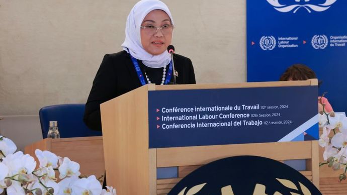 Menaker Ida Fauziyah saat menyampaikan pidato nasional menanggapi laporan Dirjen International Labou