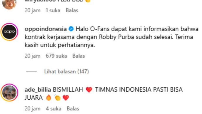 Pengumuman resmi Oppo Indonesia melalui kolom komentar Instagram <b>(tangkapan layar Instagram)</b>