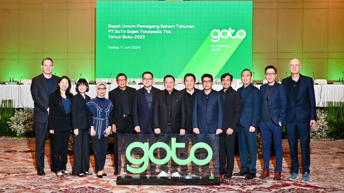 Jajaran Dewan Komisaris dan Dewan Direksi PT GoTo Gojek Tokopedia Tbk (GOTO) dalam Rapat Umum Pemegang Saham Tahunan (RUPST) dan Rapat Umum Pemegang Saham Luar Biasa (RUPSLB) di Jakarta, Selasa (11/06/2024). (GOTO)  <b>((GOTO))</b>