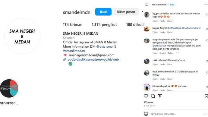 Akun Instagram resmi SMA Negeri 8 Medan (@smandelmdn) dibanjiri komentar pedas dari netizen