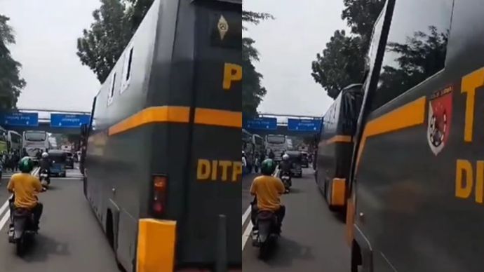 Penumpukan bus polisi di Jalan Dr. Wahidin Raya, Sawah Besar, Jakarta Pusat.