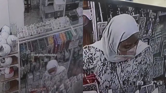 Rekaman CCTV seorang ibu-ibu berkerudung putih mencuri barang-barang di toko Niceso Cicurug di Sukabumi, Jawa Barat