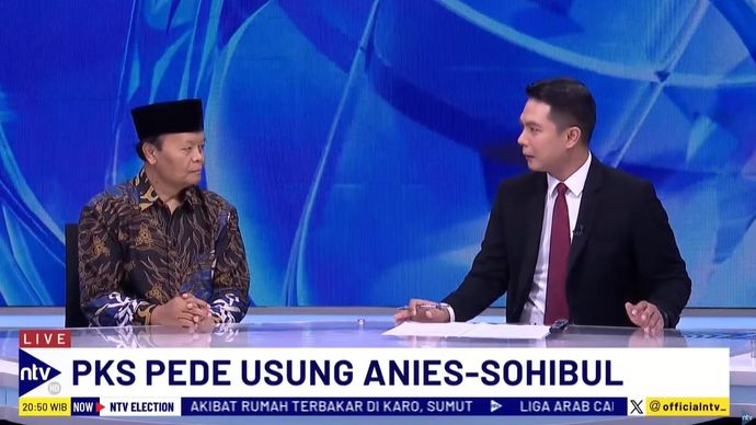 Wakil Ketua Majelis Syura PKS Hidayat Nur Wahid (HNW) saat menjadi narasumber dalam program dialog NTV Election di Nusantara TV, Senin (1/7/2024).