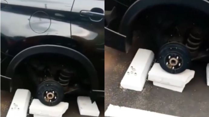 Sebuah mobil tiba-tiba kehilangan salah satu bannya saat parkir di rest area.