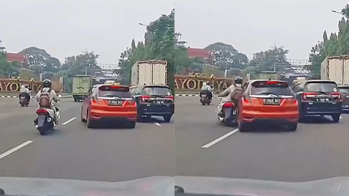 Pemotor Kesenggol Mobil Sigra di Tangerang