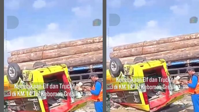 Elf adu banteng dengan truk muatan kayu