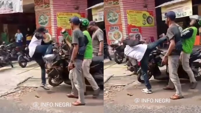 Debt collector menendang seorang driver ojol di Bekasi, Jawa Barat.