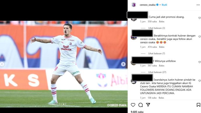 Reaksi dari para penggemar sepak bola Indonesia di kolom komentar Instagram Cerezo Osaka