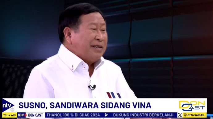 Mantan Kabareskrim Polri Komjen Pol (Purn) Susno Duadji saat tampil sebagai bintang tamu dalam program DonCast di NusantaraTV yang dipandu jurnalis senior Don Bosco Selamun dan Donny de Keizer, Kamis, 25 Juli 2024.&nbsp;