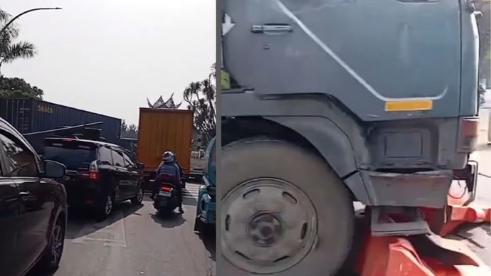 Truk Kontainer tabrak pembatas jalan