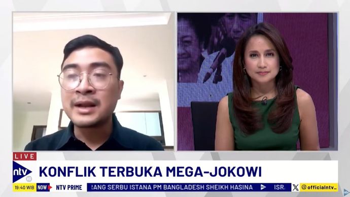 Politikus PDI Perjuangan Aryo Seno Bagaskoro saat menjadi narasumber dalam program dialog NTV Prime di Nusantara TV, Senin (5/8/2024).