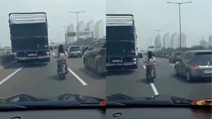 Seorang ibu-ibu pengendara motor nekat masuk tol