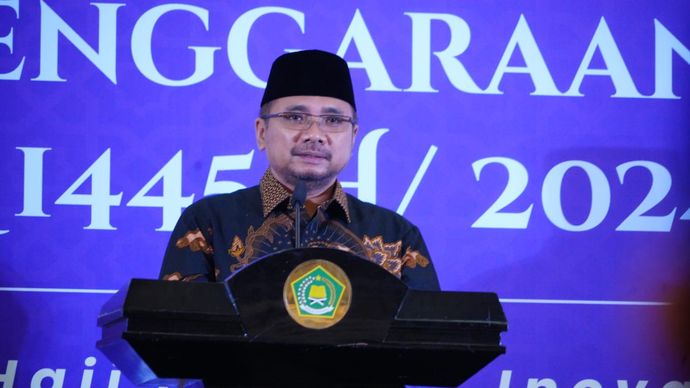 Menteri Agama Yaqut Cholil Qoumas saat membuka Rakernas Evaluasi Penyelenggaraan Haji di Jakarta