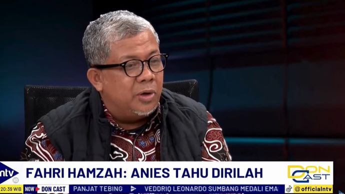 Fahri Hamzah saat tampil sebagai bintang tamu dalam Program DonCast di Nusantara TV yang dipandu jurnalis senior Don Bosco Selamun dan Donny de Keizer, Kamis, 8 Agustus 2024.